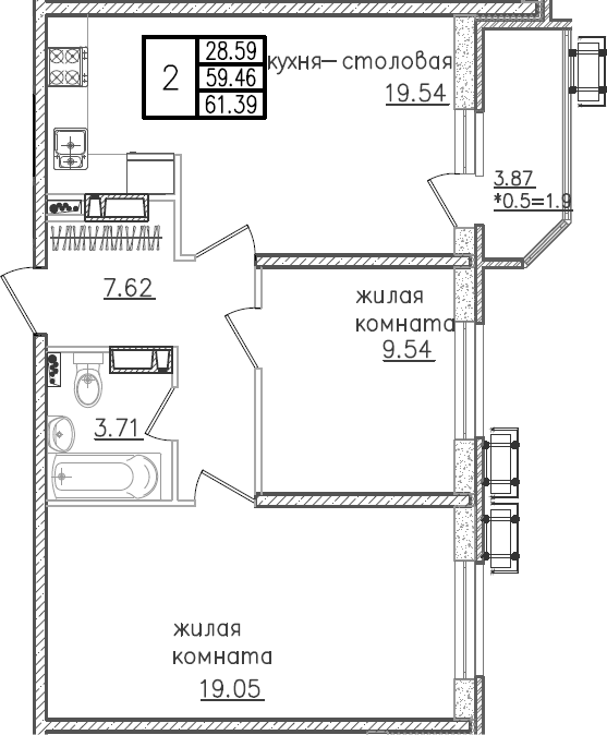 Планировка — URAL, 3-комн., 61 м²