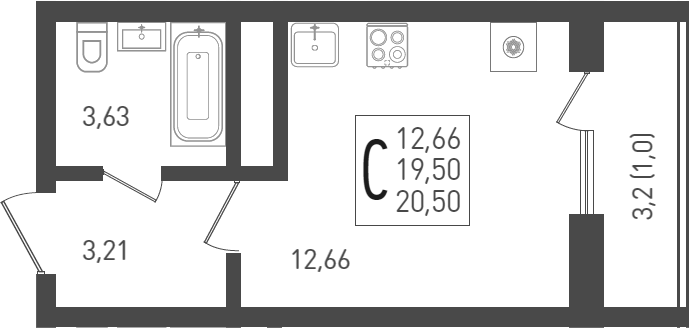 Планировка — Огурцы, Студия, 24 м²