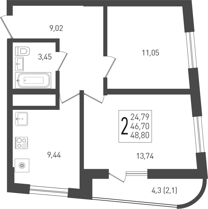 Планировка — Огурцы, 2-комн., 52 м²