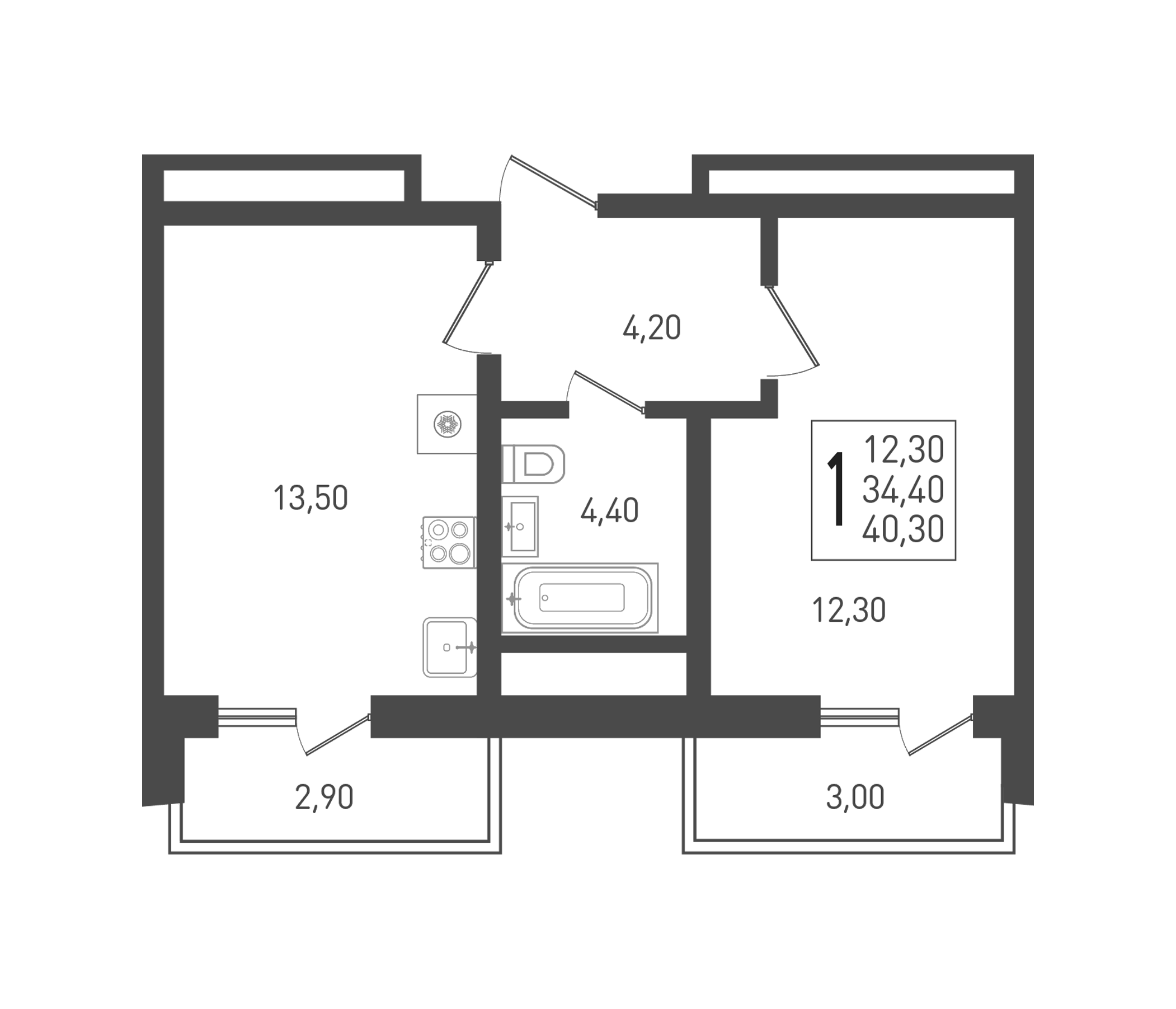 Планировка — Огурцы, 1-комн., 34 м²