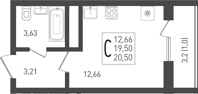 Планировка — Огурцы, Студия, 23 м²