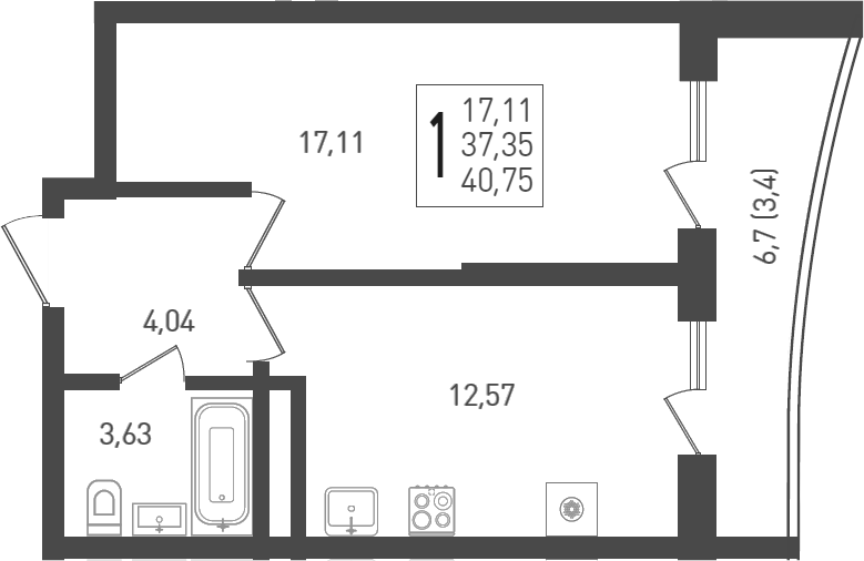 Планировка — Огурцы, 1-комн., 39 м²