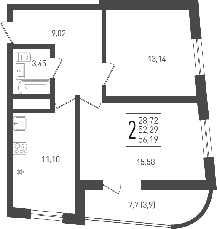 Планировка — Огурцы, 2-комн., 53 м²