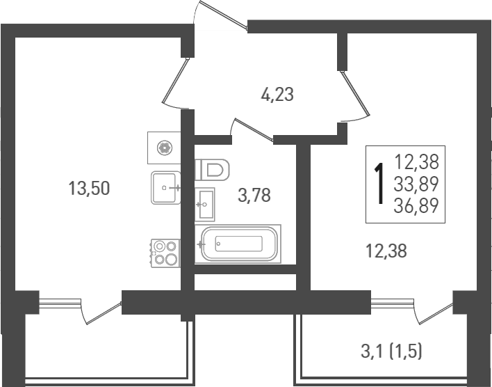 Планировка — Огурцы, 1-комн., 36 м²