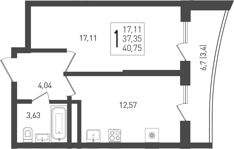Планировка — Огурцы, 1-комн., 39 м²
