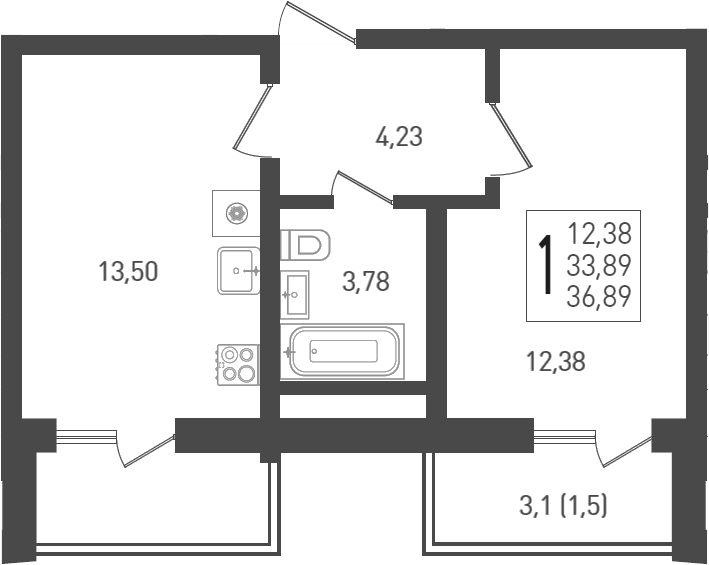 Планировка — Огурцы, 1-комн., 36 м²