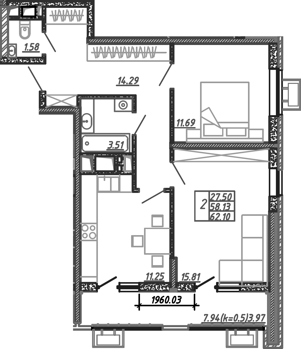 Планировка — Родные Просторы, 2-комн., 60 м²