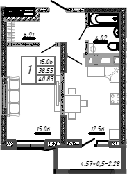 Планировка — Родные Просторы, 1-комн., 39 м²