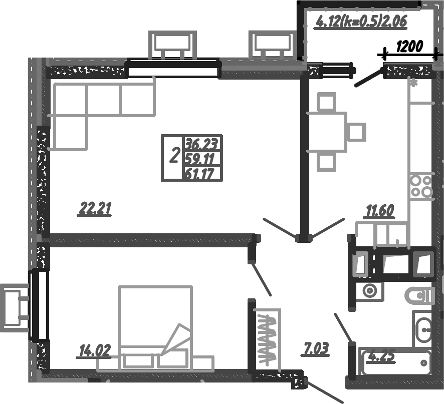 Планировка — Родные Просторы, 2-комн., 61 м²