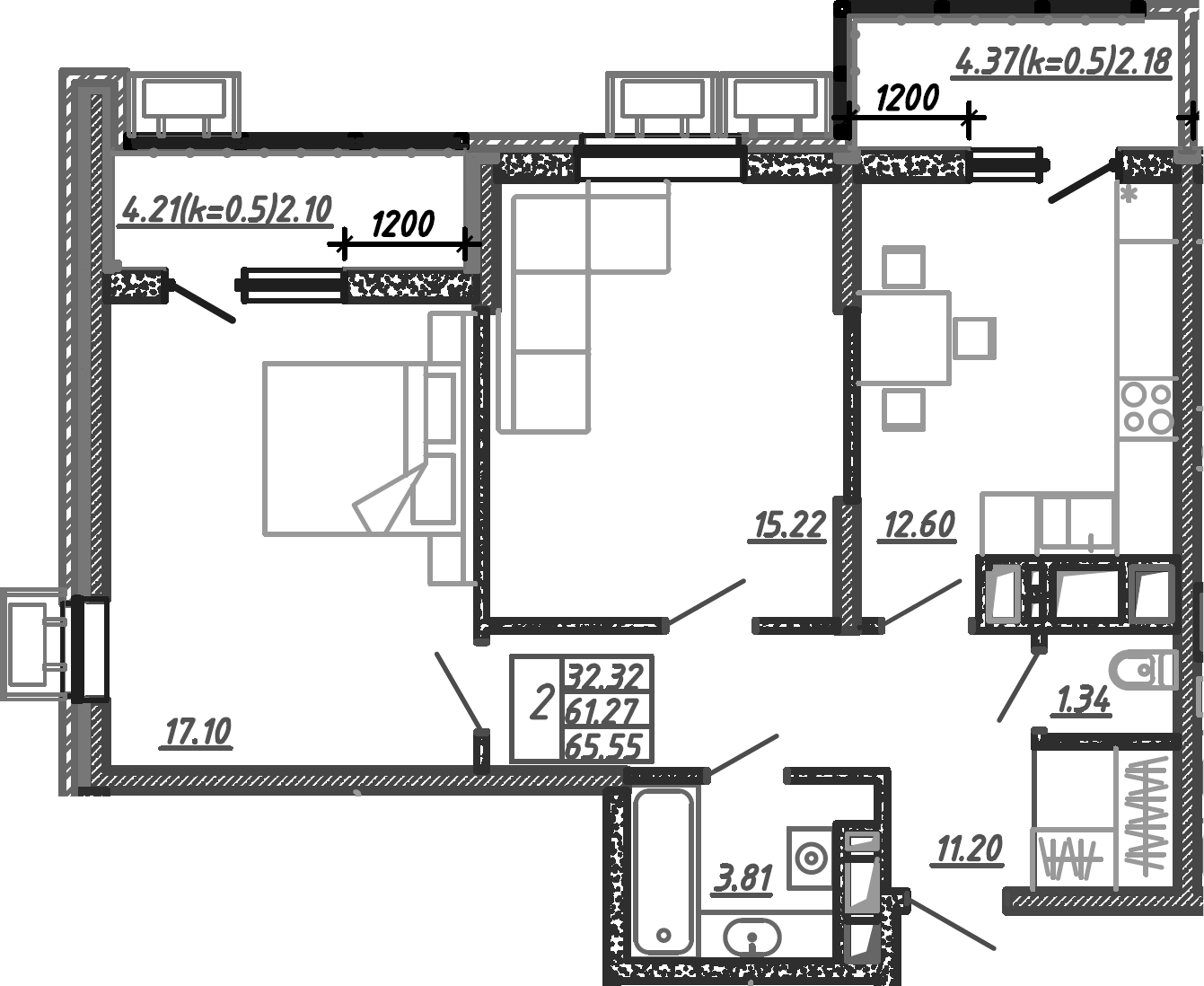 Планировка — Родные Просторы, 2-комн., 61 м²