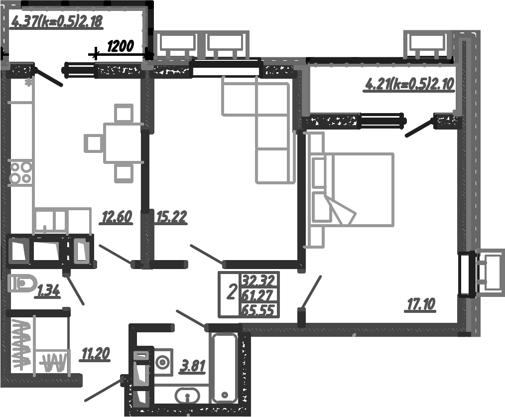 Планировка — Родные Просторы, 2-комн., 61 м²