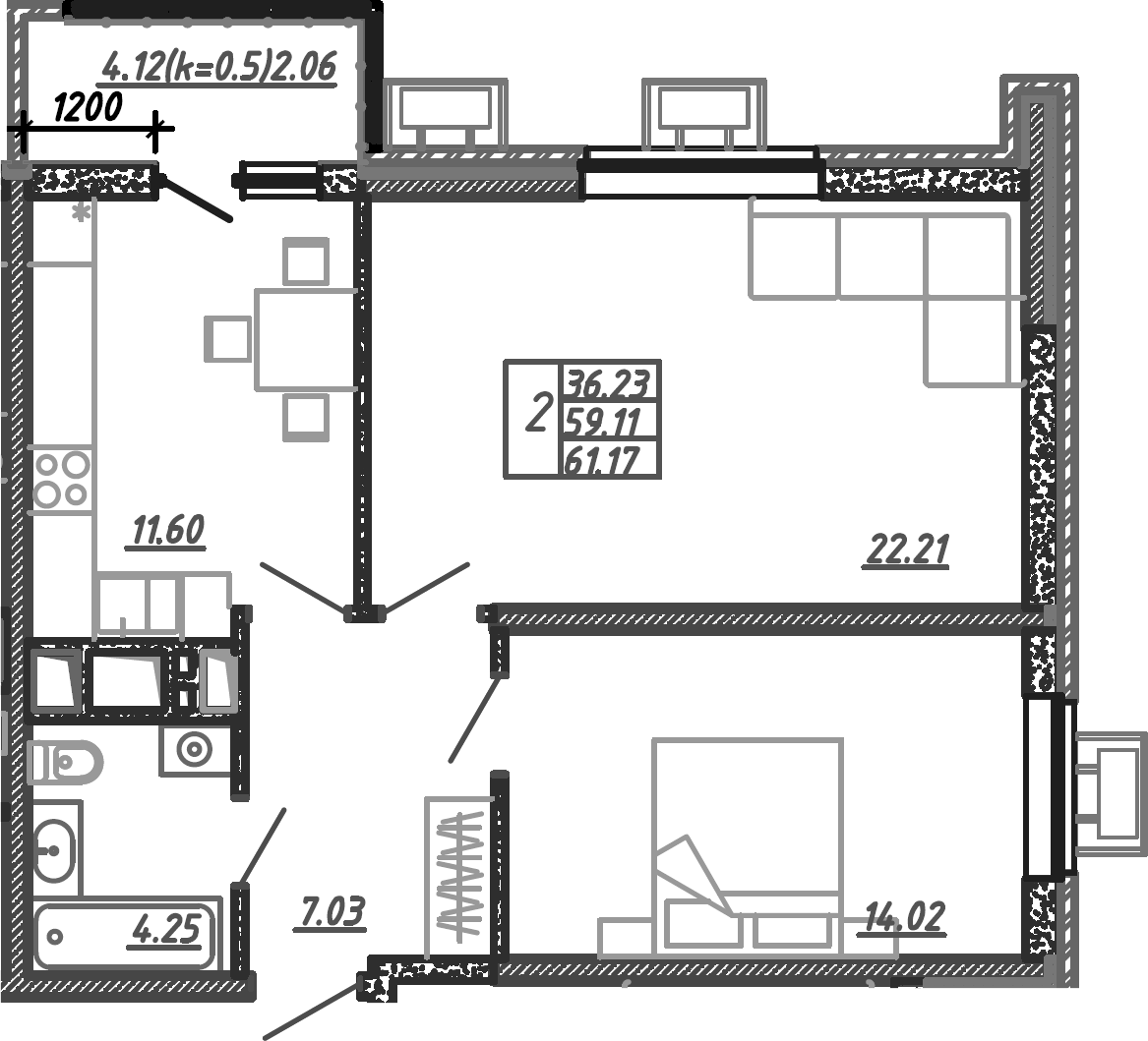 Планировка — Родные Просторы, 2-комн., 61 м²