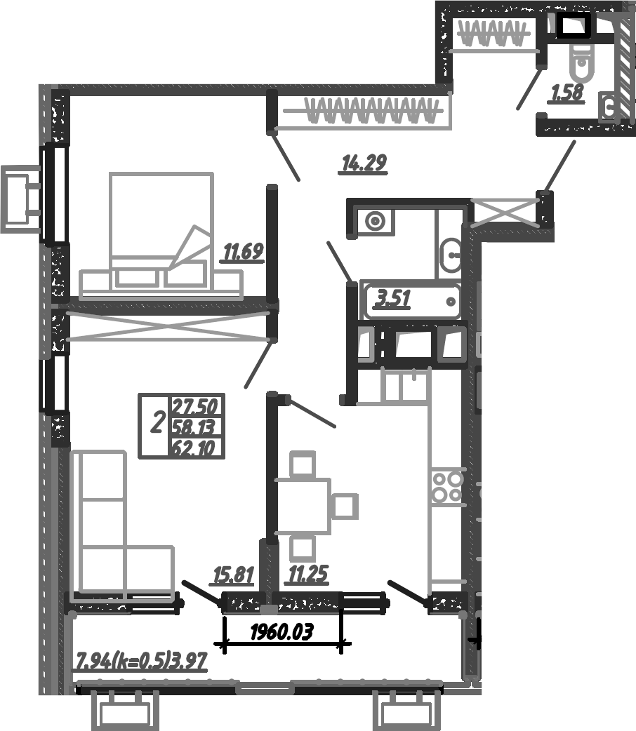 Планировка — Родные Просторы, 2-комн., 60 м²