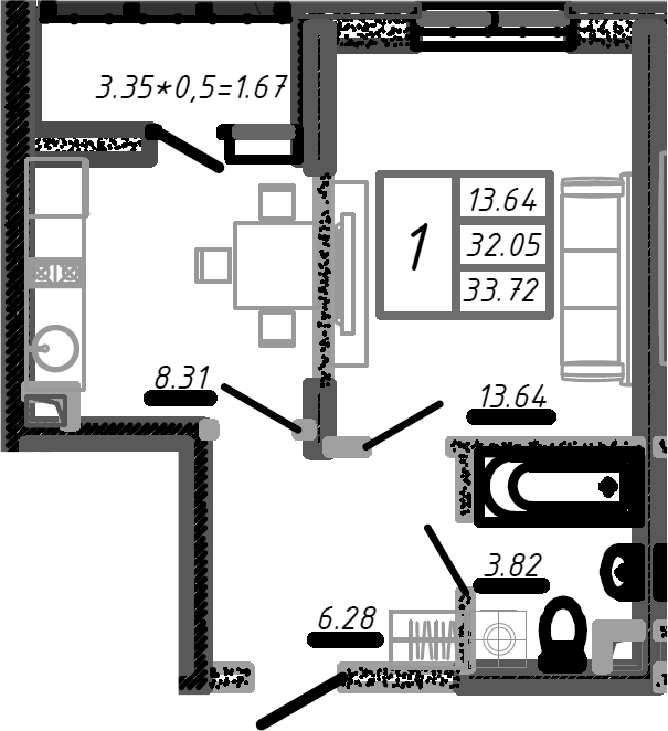 Планировка — Родные Просторы, 1-комн., 32 м²