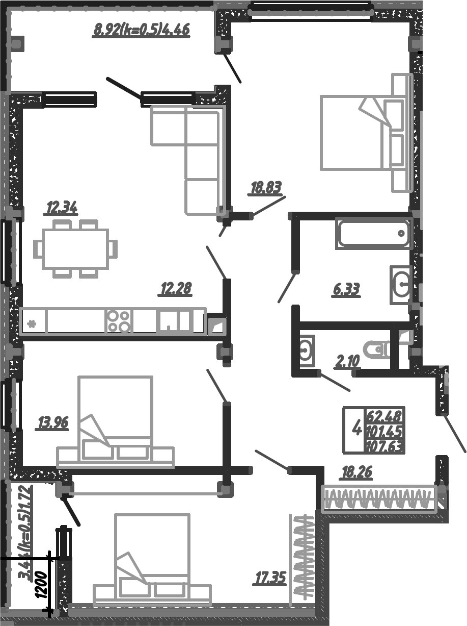 Планировка — Родные Просторы, 4-комн., 100 м²