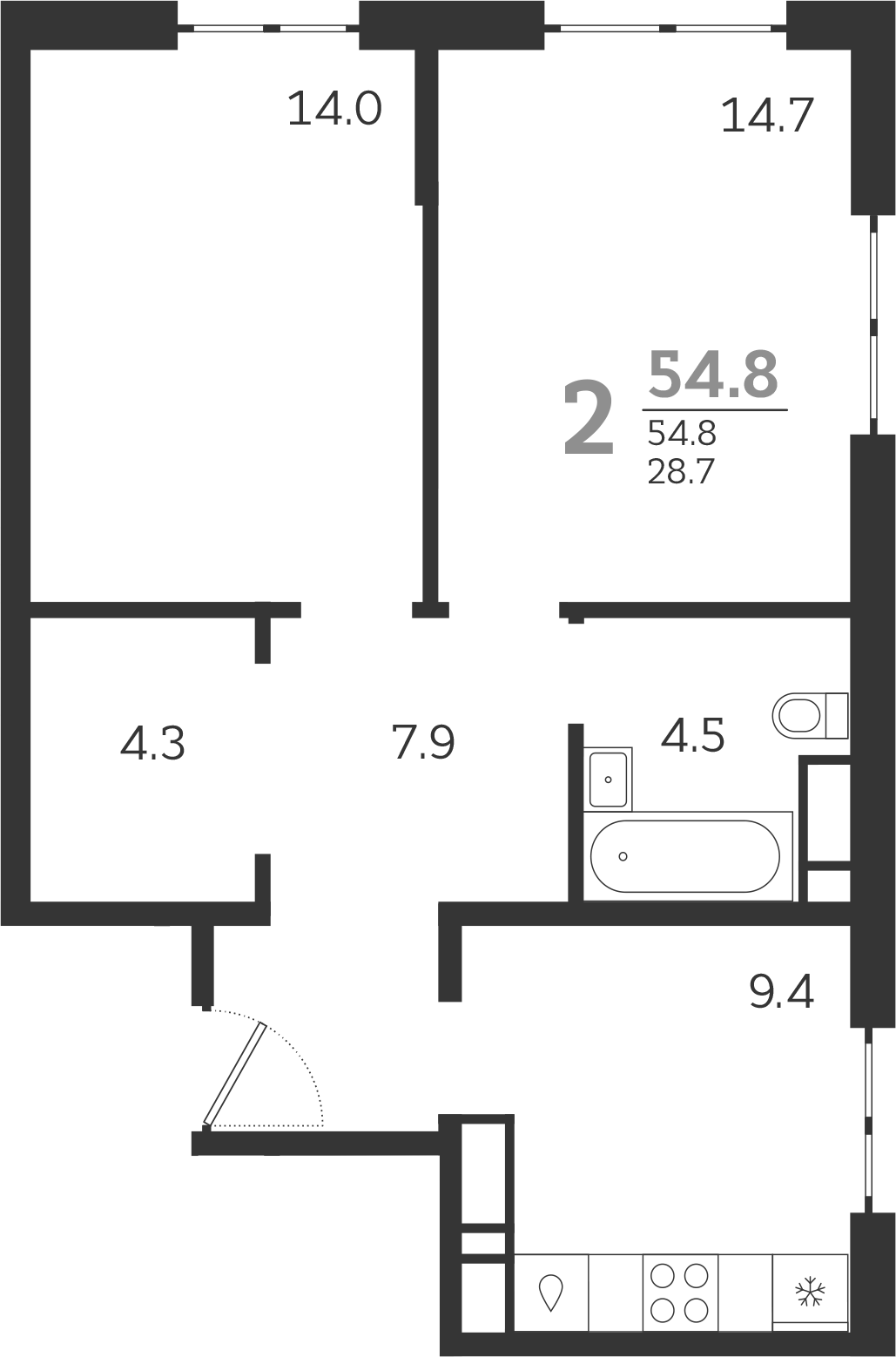 Планировка — Все Свои VIP, 2-комн., 55 м²