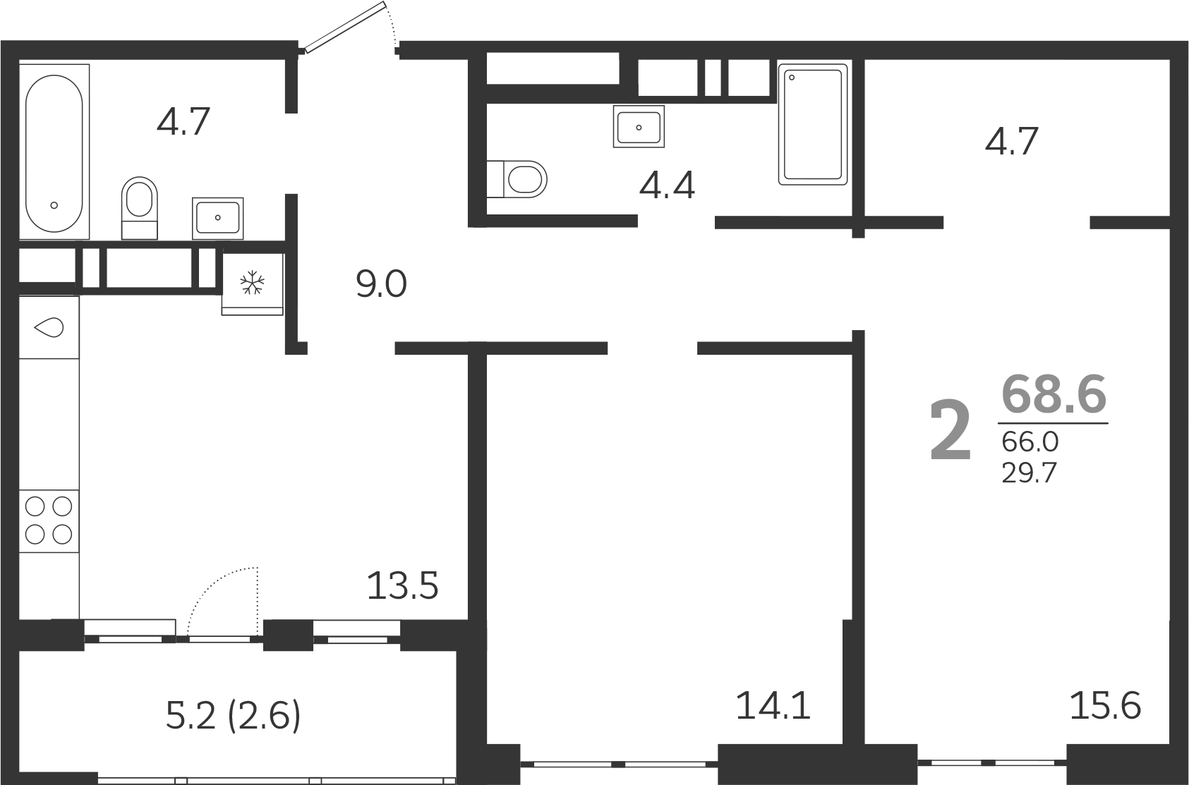 Планировка — Все Свои VIP, 2-комн., 66 м²