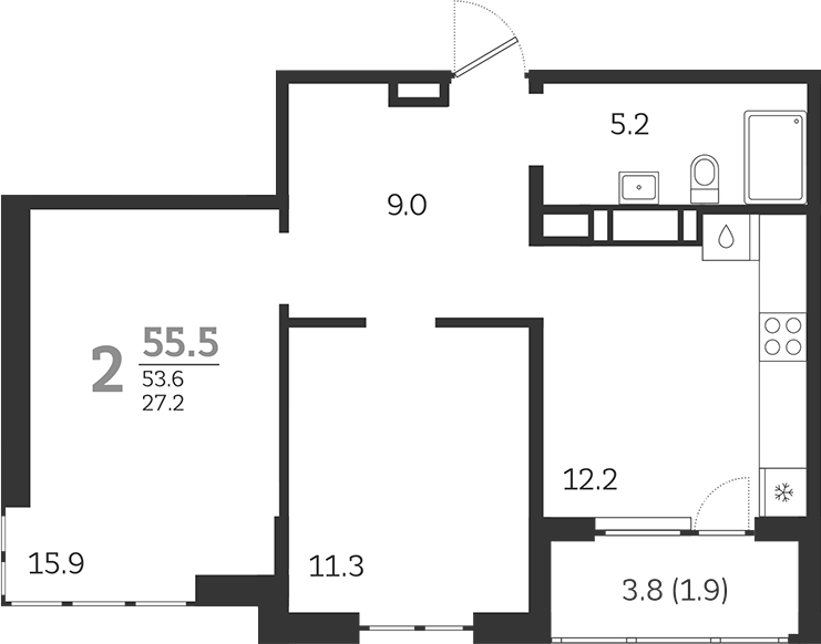 Планировка — Все Свои VIP, 2-комн., 54 м²