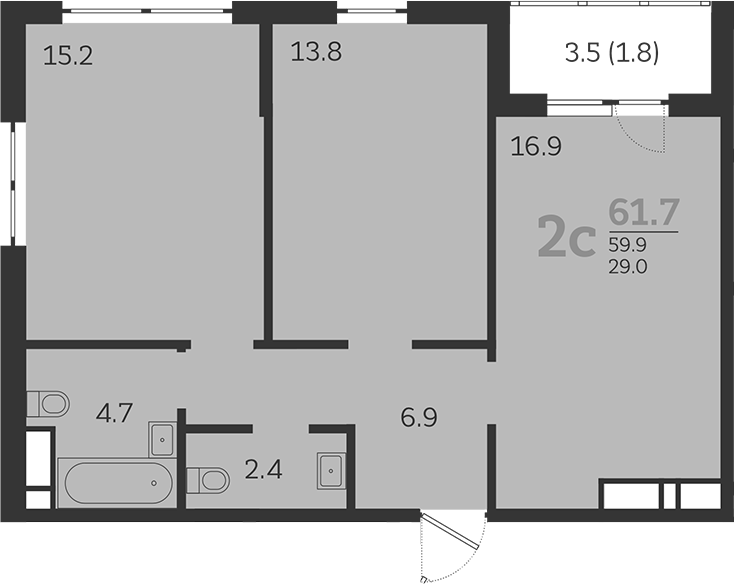 Планировка — Все Свои VIP, 3-комн., 60 м²