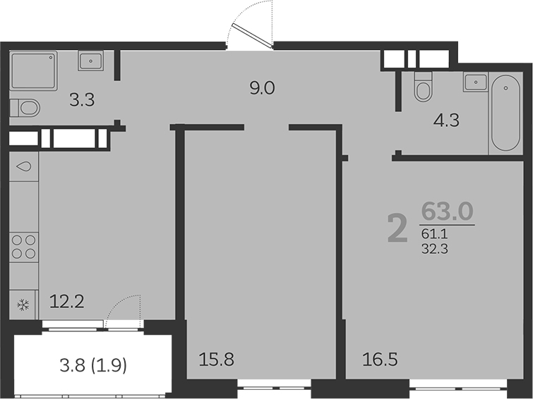 Планировка — Все Свои VIP, 2-комн., 61 м²