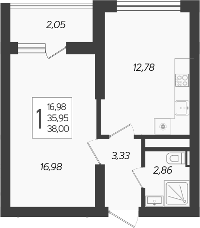 Планировка — Кислород, 1-комн., 36 м²