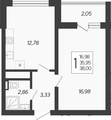 Планировка — Кислород, 1-комн., 36 м²