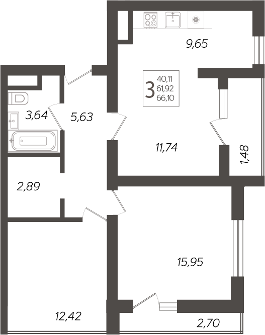 Планировка — Кислород, 3-комн., 64 м²