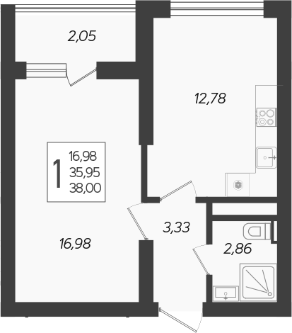 Планировка — Кислород, 1-комн., 36 м²