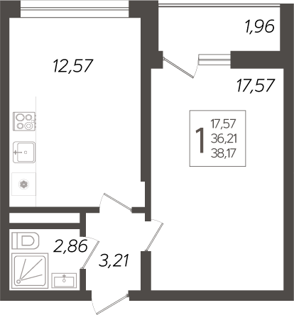 Планировка — Кислород, 1-комн., 36 м²