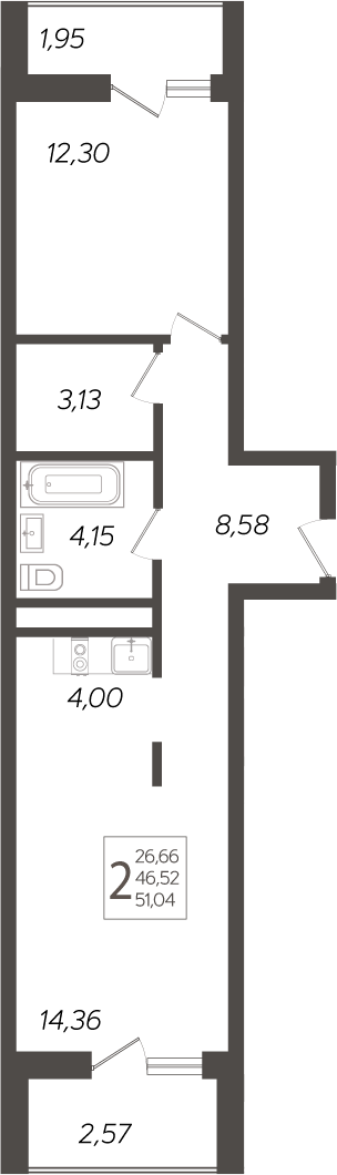 Планировка — Кислород, 2-комн., 48 м²