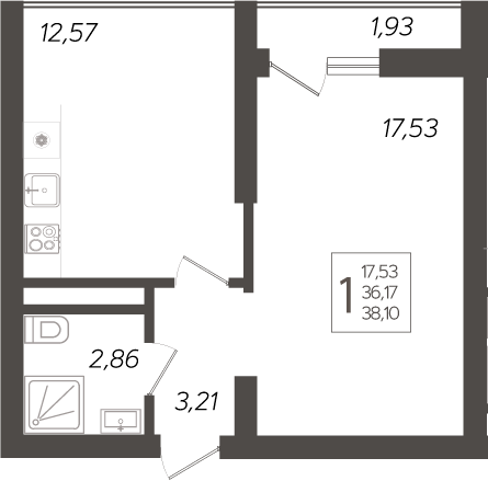 Планировка — Кислород, 1-комн., 36 м²