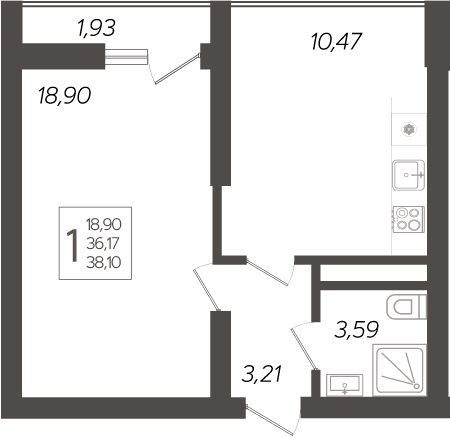 Планировка — Кислород, 1-комн., 36 м²