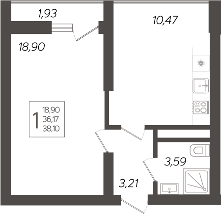 Планировка — Кислород, 1-комн., 36 м²
