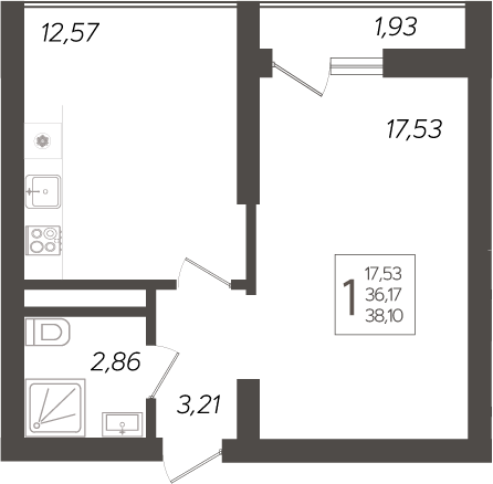 Планировка — Кислород, 1-комн., 36 м²