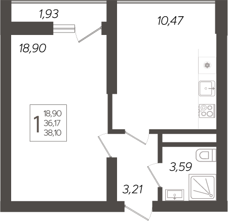 Планировка — Кислород, 1-комн., 36 м²