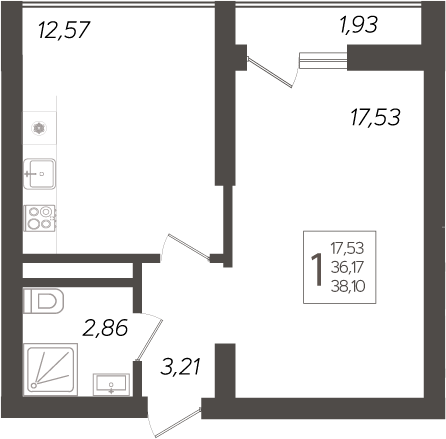 Планировка — Кислород, 1-комн., 36 м²