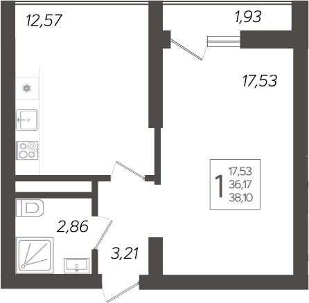 Планировка — Кислород, 1-комн., 36 м²
