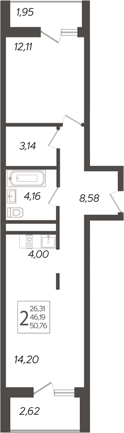 Планировка — Кислород, 2-комн., 46 м²