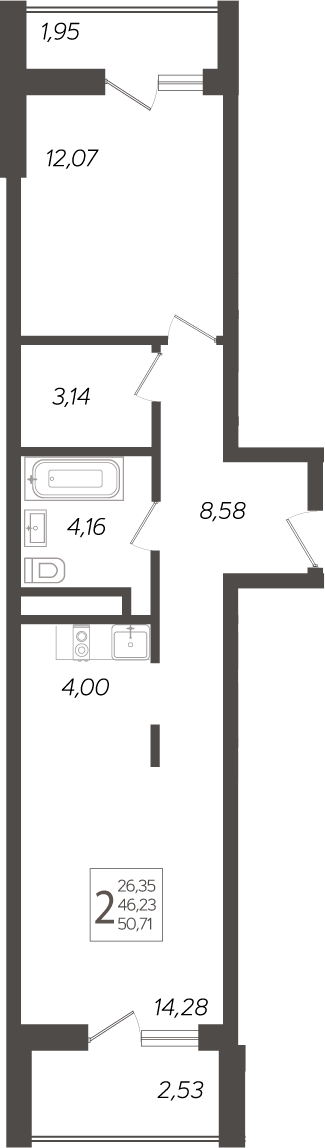 Планировка — Кислород, 2-комн., 46 м²