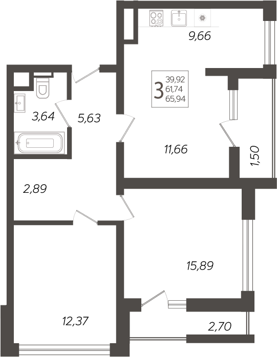 Планировка — Кислород, 3-комн., 63 м²