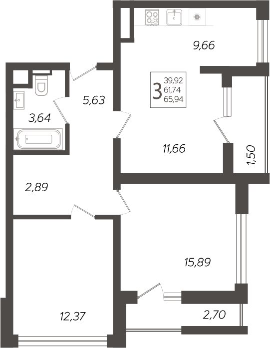 Планировка — Кислород, 3-комн., 63 м²