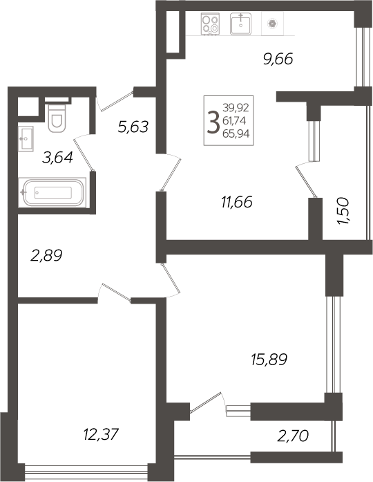 Планировка — Кислород, 3-комн., 63 м²