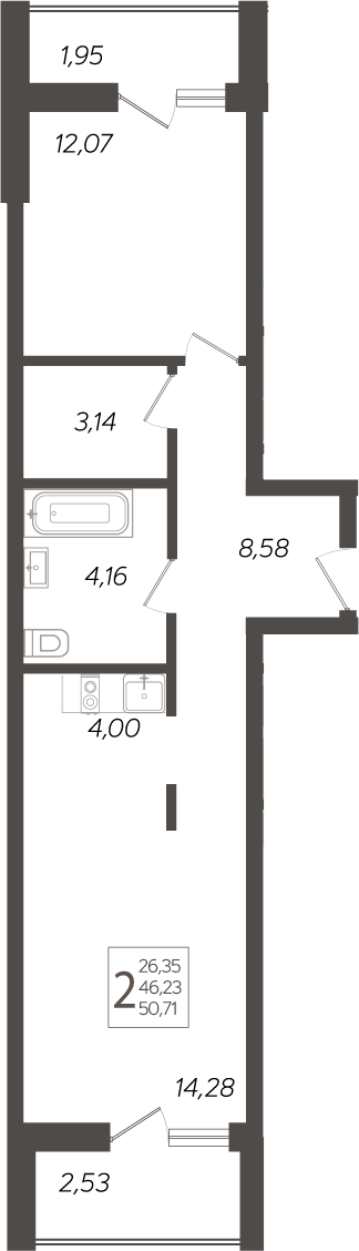 Планировка — Кислород, 2-комн., 46 м²