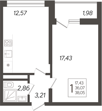 Планировка — Кислород, 1-комн., 36 м²