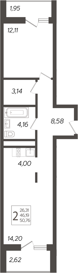 Планировка — Кислород, 2-комн., 46 м²