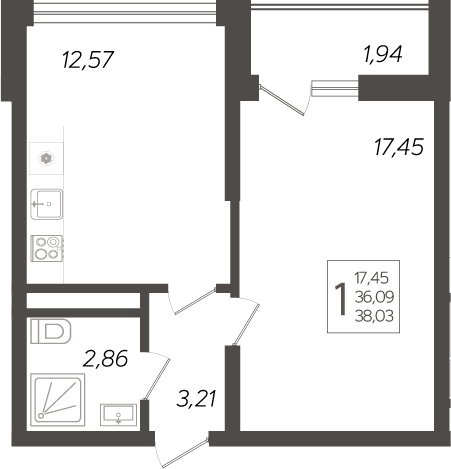 Планировка — Кислород, 1-комн., 36 м²