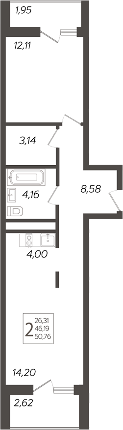Планировка — Кислород, 2-комн., 47 м²
