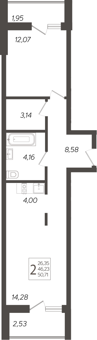 Планировка — Кислород, 2-комн., 46 м²