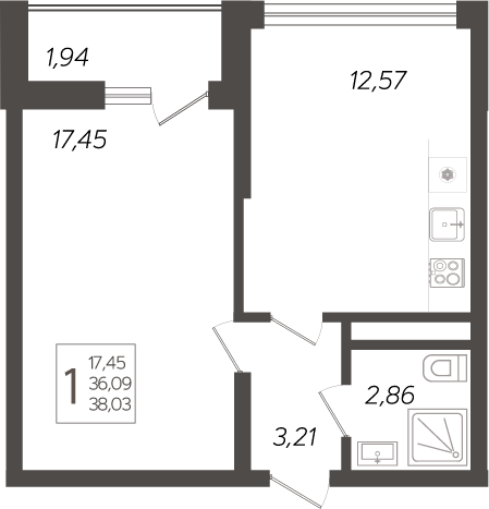 Планировка — Кислород, 1-комн., 36 м²