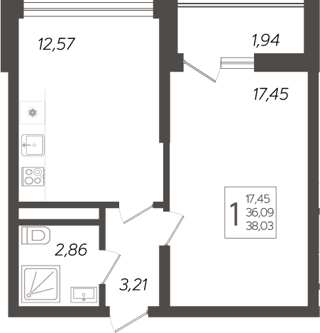 Планировка — Кислород, 1-комн., 36 м²